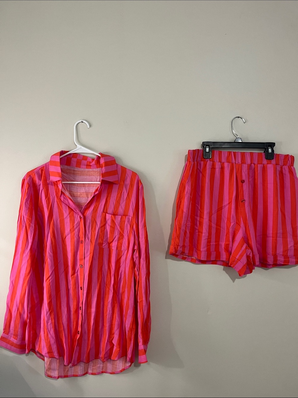 Women's Pink & Red Striped Shorts Set - Lightweight Button-Up Top and Shorts